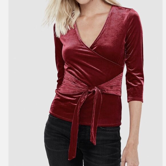 Express One Eleven Ribbed Velvet Wrap Front Top in Red, S - Picture 1 of 5